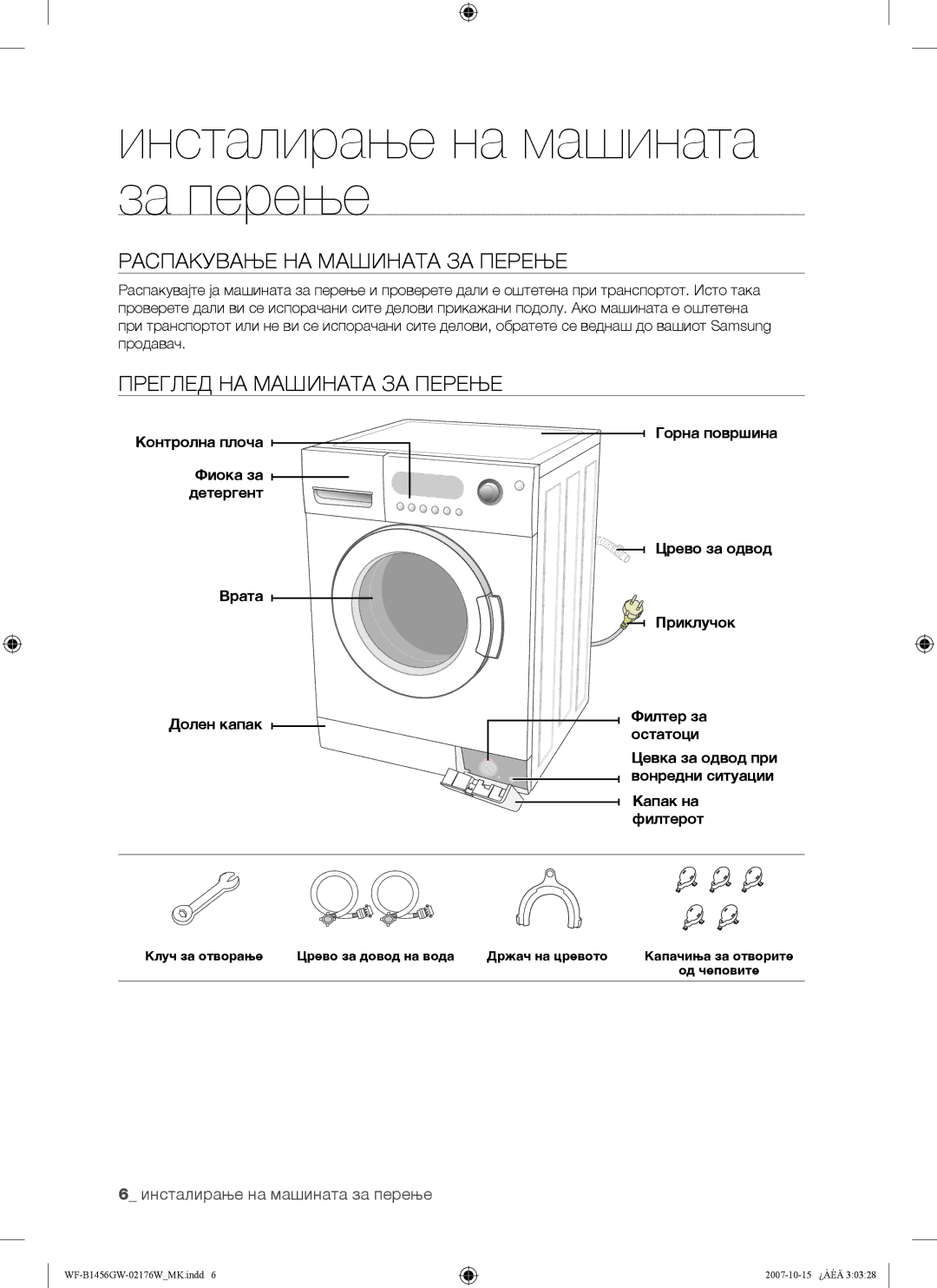 Samsung WF-B1256GW/YLE Инсталирање на машината за перење, Распакување НА Машината ЗА Перење, Преглед НА Машината ЗА Перење 