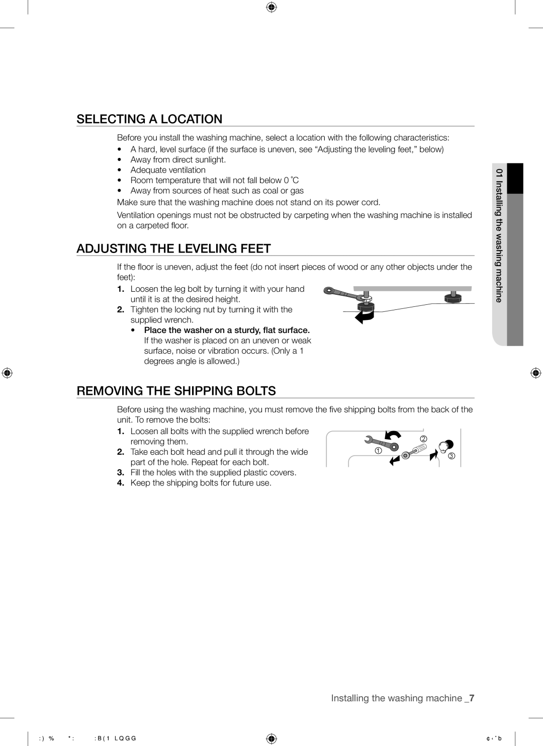 Samsung WF-B1456GW/YLE, WF-B1256GW/YLE manual Selecting a Location, Adjusting the Leveling Feet, Removing the Shipping Bolts 