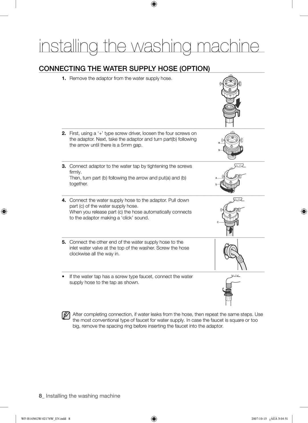 Samsung WF-B1256GW/YLE, WF-B1456GW/YLE manual Connecting the Water Supply Hose Option 