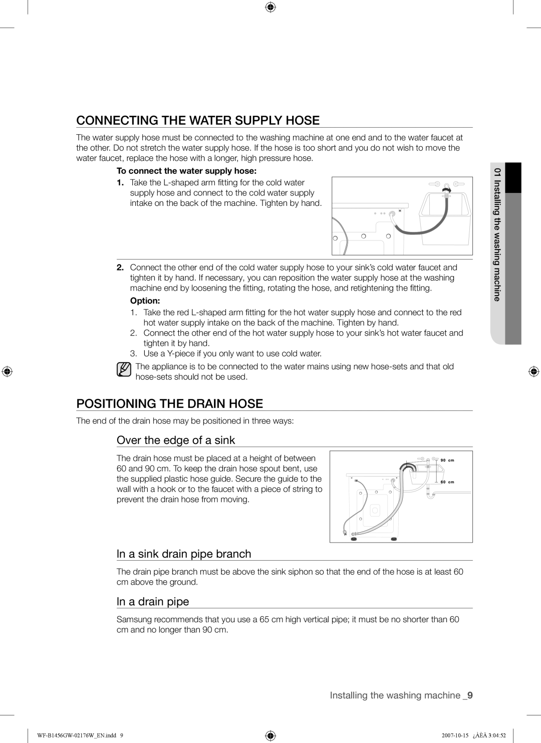 Samsung WF-B1456GW/YLE manual Connecting the Water Supply Hose, Positioning the Drain Hose, Over the edge of a sink 