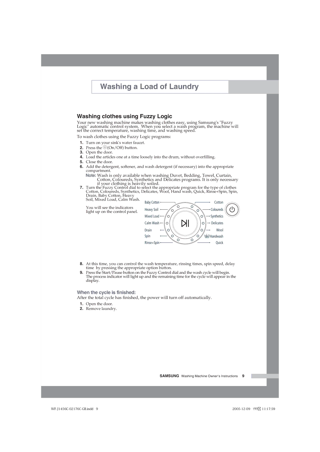 Samsung WF-B1256V/XEE manual Washing clothes using Fuzzy Logic, When the cycle is finished 