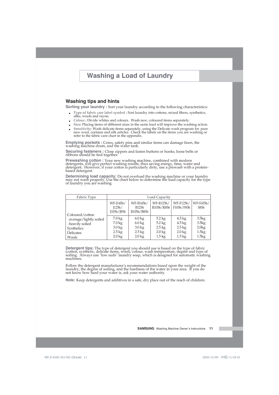 Samsung WF-B1256V/XEE manual Washing tips and hints 