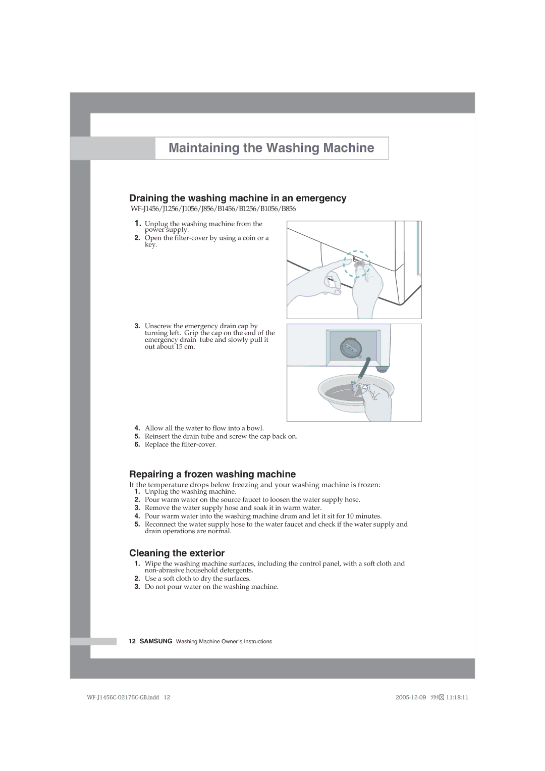 Samsung WF-B1256V/XEE Maintaining the Washing Machine, Draining the washing machine in an emergency, Cleaning the exterior 