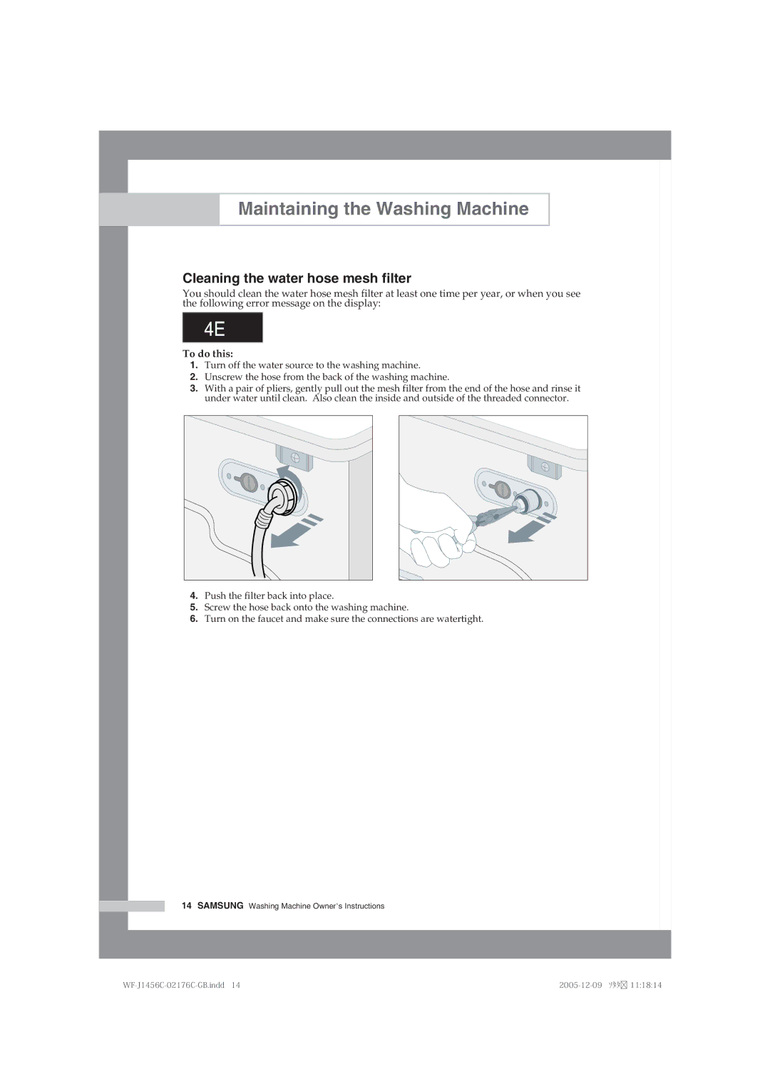 Samsung WF-B1256V/XEE manual Cleaning the water hose mesh filter, To do this 