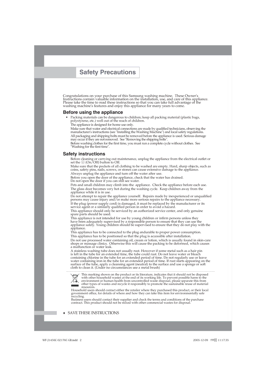 Samsung WF-B1256V/XEE manual Safety Precautions, Before using the appliance, Safety instructions 