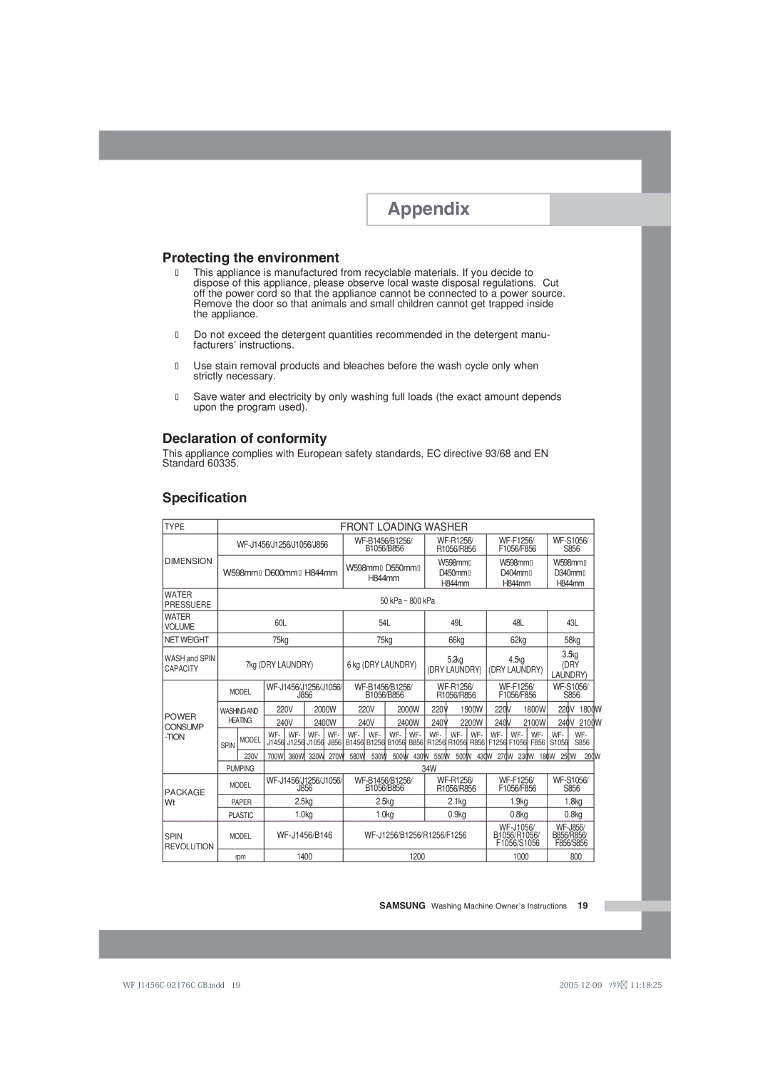 Samsung WF-B1256V/XEE manual Protecting the environment, Declaration of conformity, Specification 