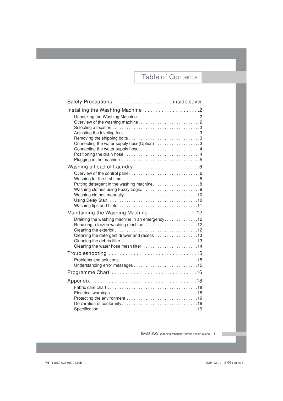 Samsung WF-B1256V/XEE manual Table of Contents 