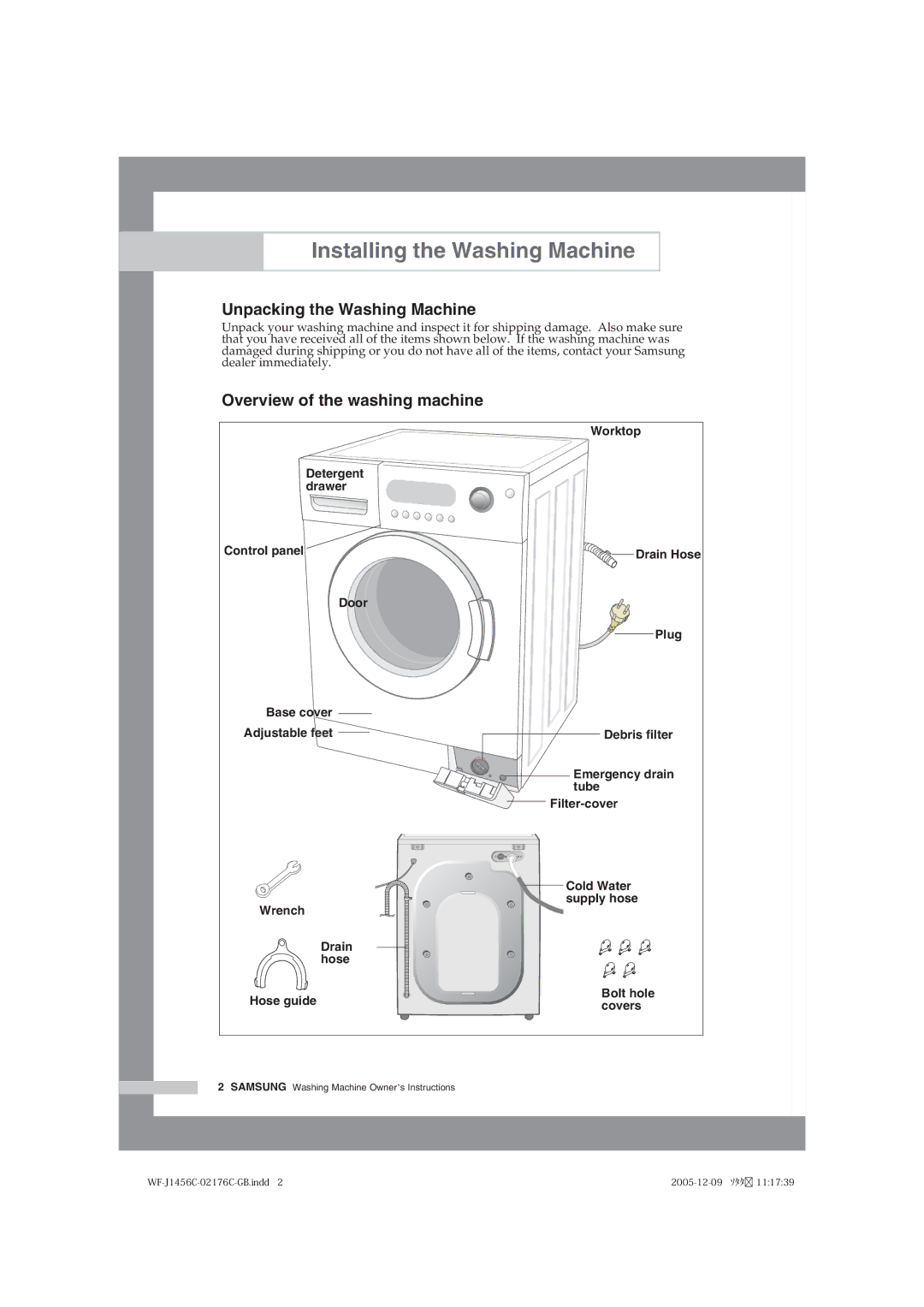 Samsung WF-B1256V/XEE manual Installing the Washing Machine, Unpacking the Washing Machine, Overview of the washing machine 