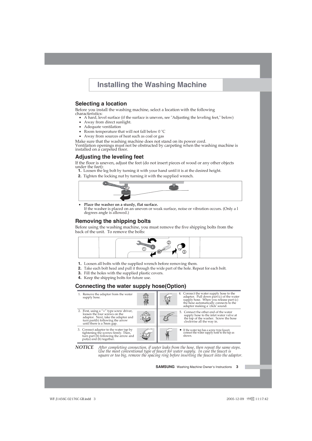 Samsung WF-B1256V/XEE manual Selecting a location, Adjusting the leveling feet, Removing the shipping bolts 