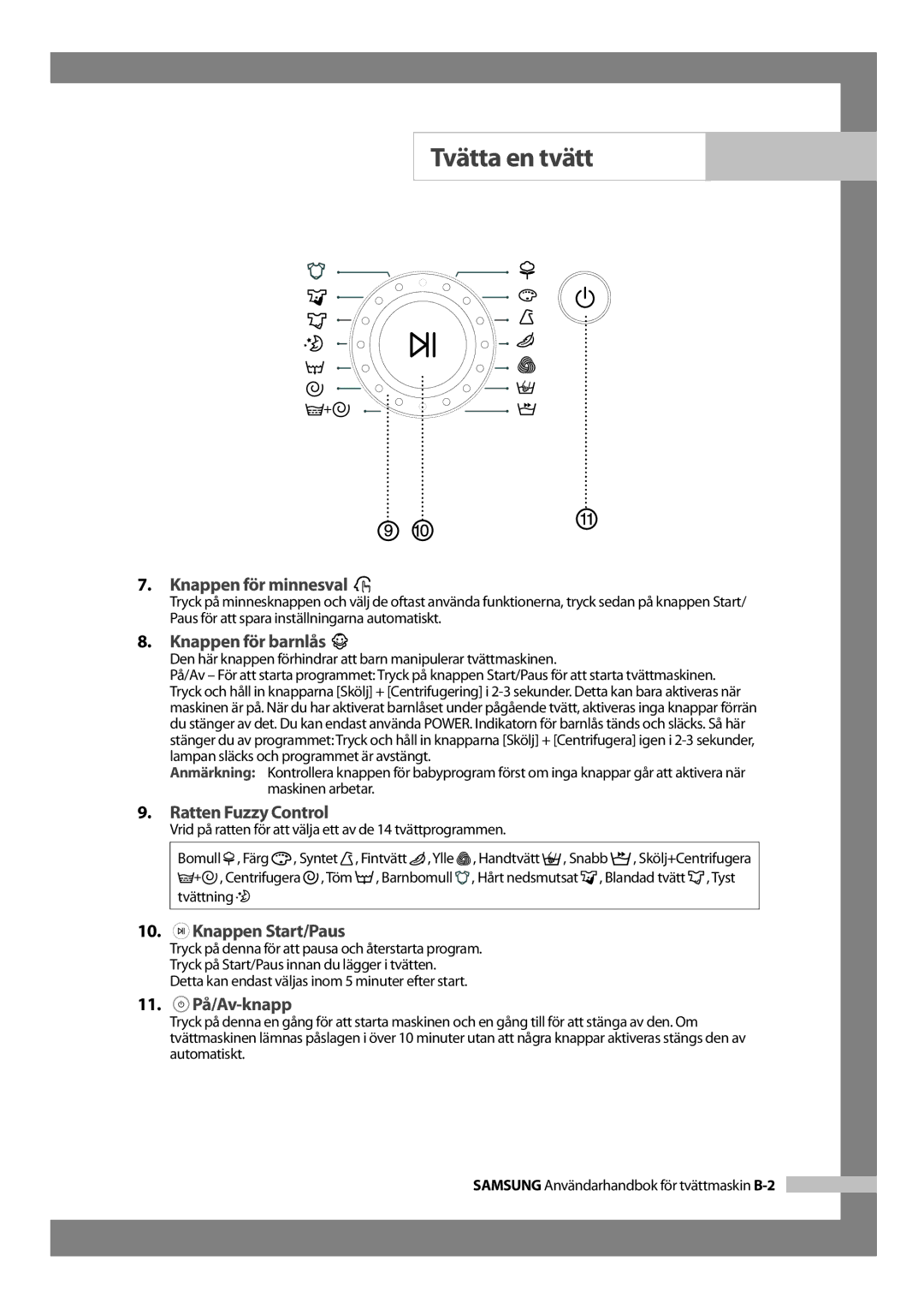 Samsung WF-B1256V/XEE manual Knappen för minnesval, Knappen för barnlås, Ratten Fuzzy Control, Knappen Start/Paus 