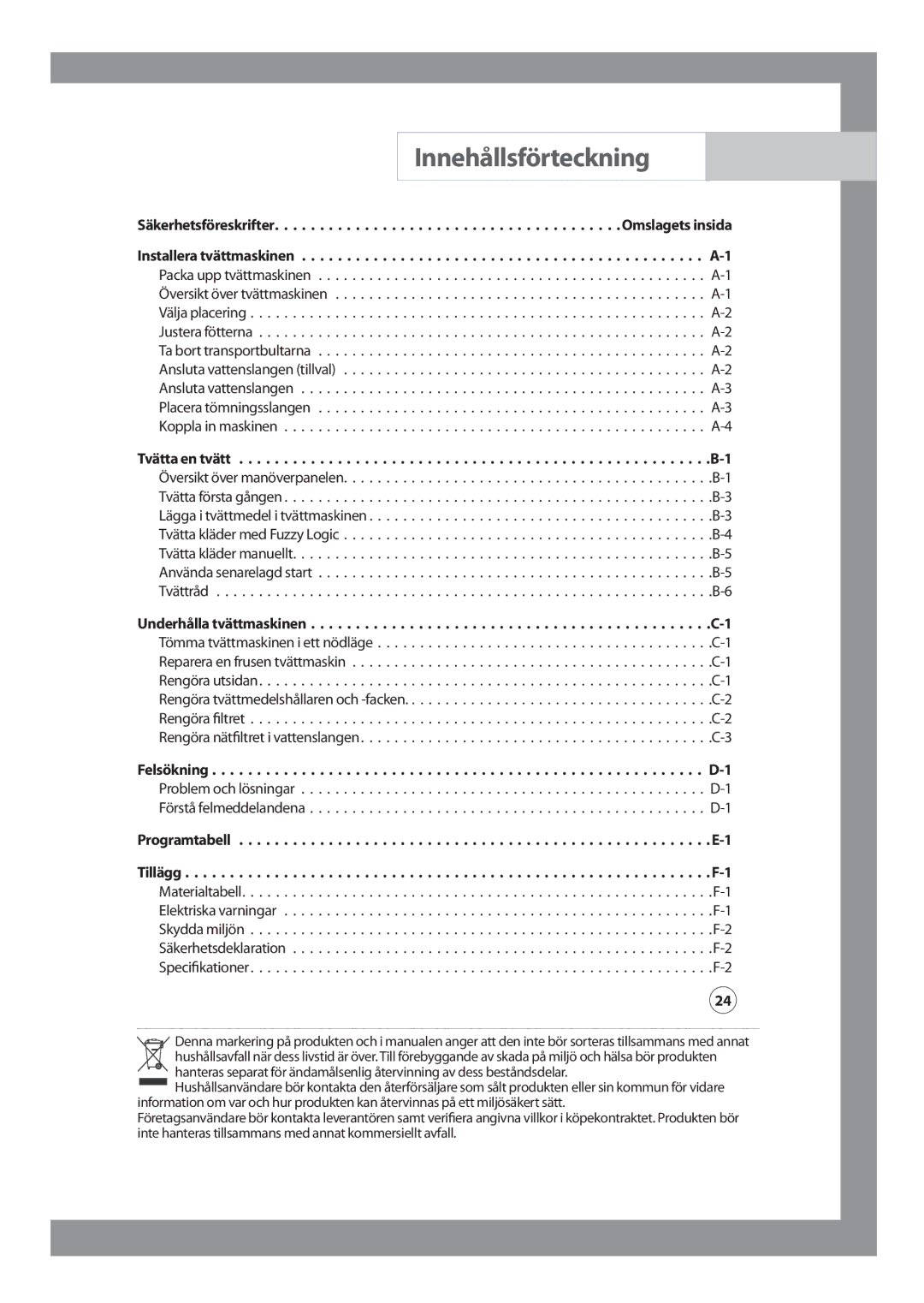 Samsung WF-B1256V/XEE manual Innehållsförteckning 