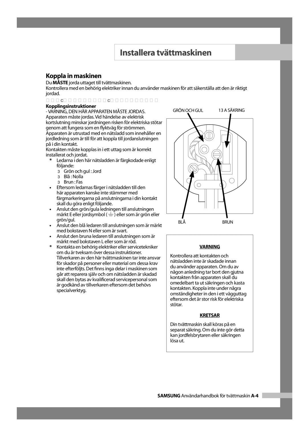 Samsung WF-B1256V/XEE manual Koppla in maskinen, För brittiska användare, Kopplingsinstruktioner 