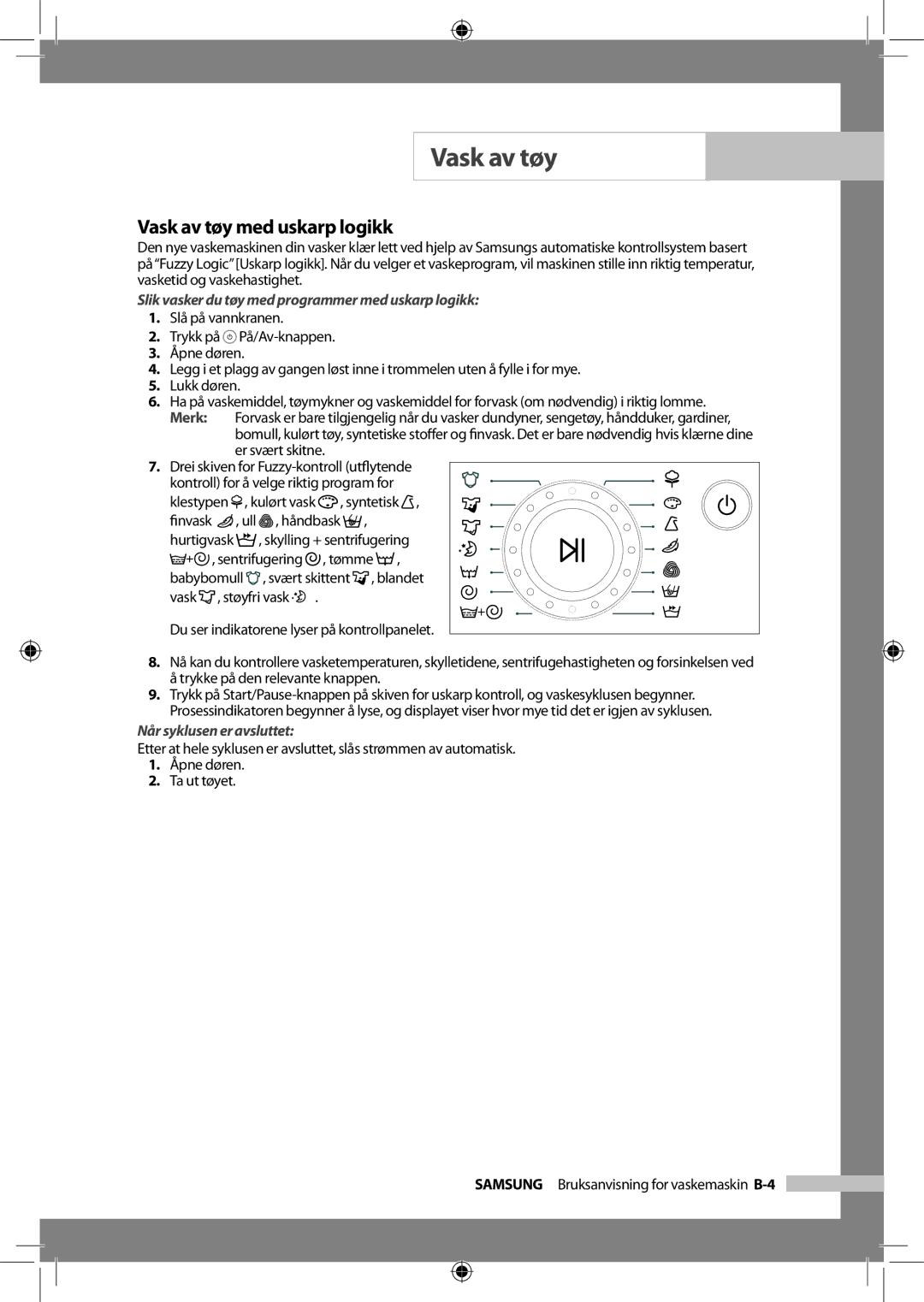 Samsung WF-B1256V/XEE manual Vask av tøy med uskarp logikk, Slik vasker du tøy med programmer med uskarp logikk 