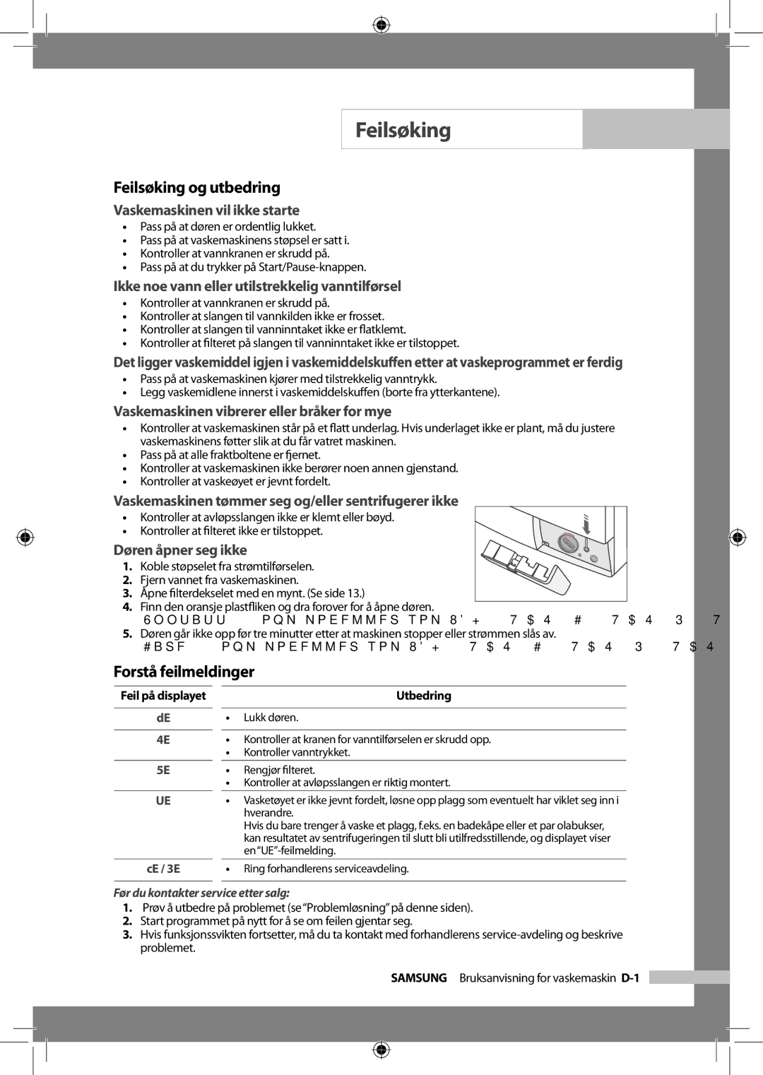 Samsung WF-B1256V/XEE manual Feilsøking og utbedring, Forstå feilmeldinger 