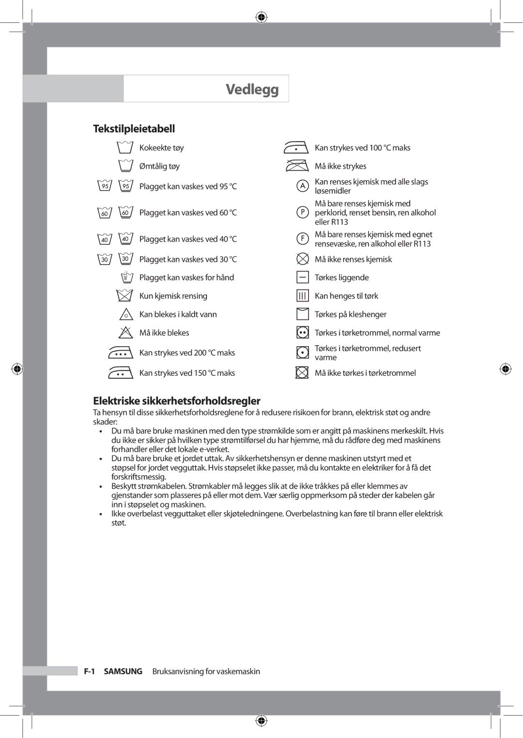 Samsung WF-B1256V/XEE manual Vedlegg, Tekstilpleietabell, Elektriske sikkerhetsforholdsregler 