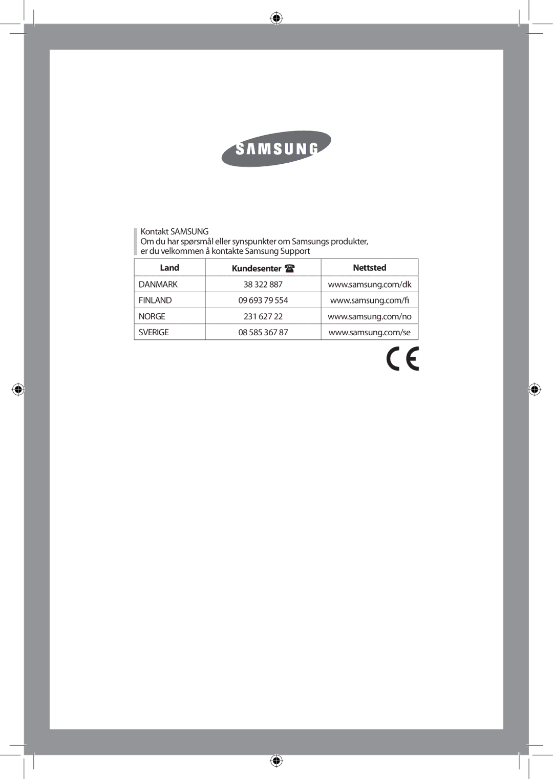 Samsung WF-B1256V/XEE manual Kontakt Samsung, Land Kundesenter Nettsted 