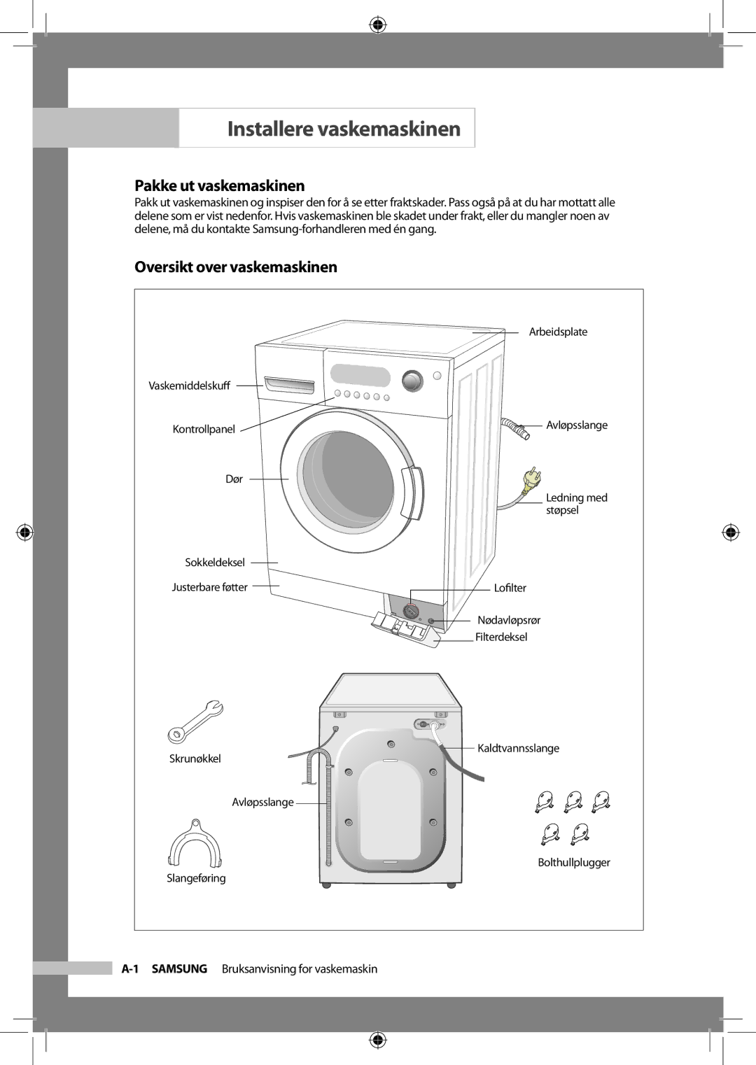 Samsung WF-B1256V/XEE manual Installere vaskemaskinen, Pakke ut vaskemaskinen, Oversikt over vaskemaskinen 