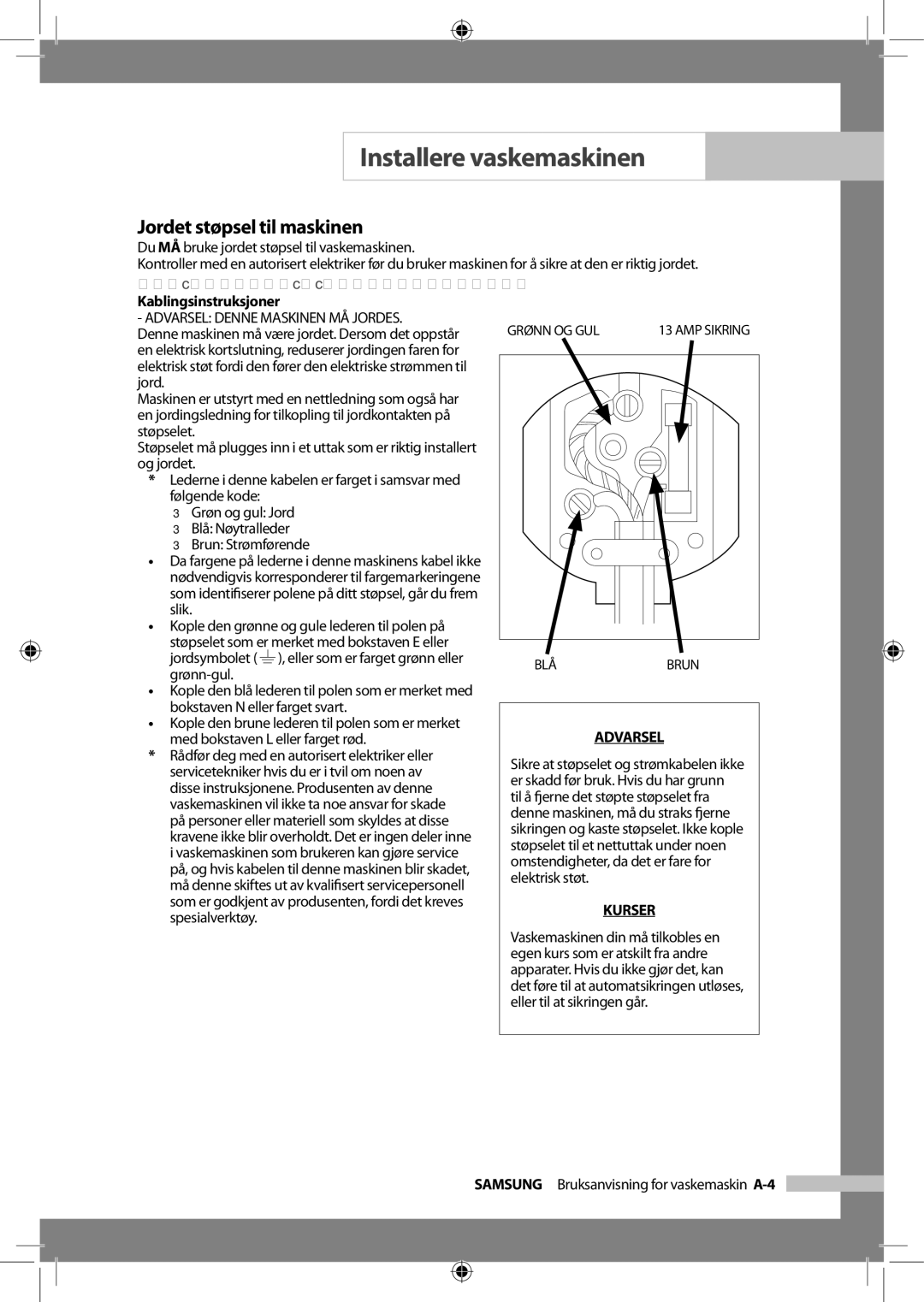 Samsung WF-B1256V/XEE manual Jordet støpsel til maskinen, For brukere i Storbritannia, Kablingsinstruksjoner 