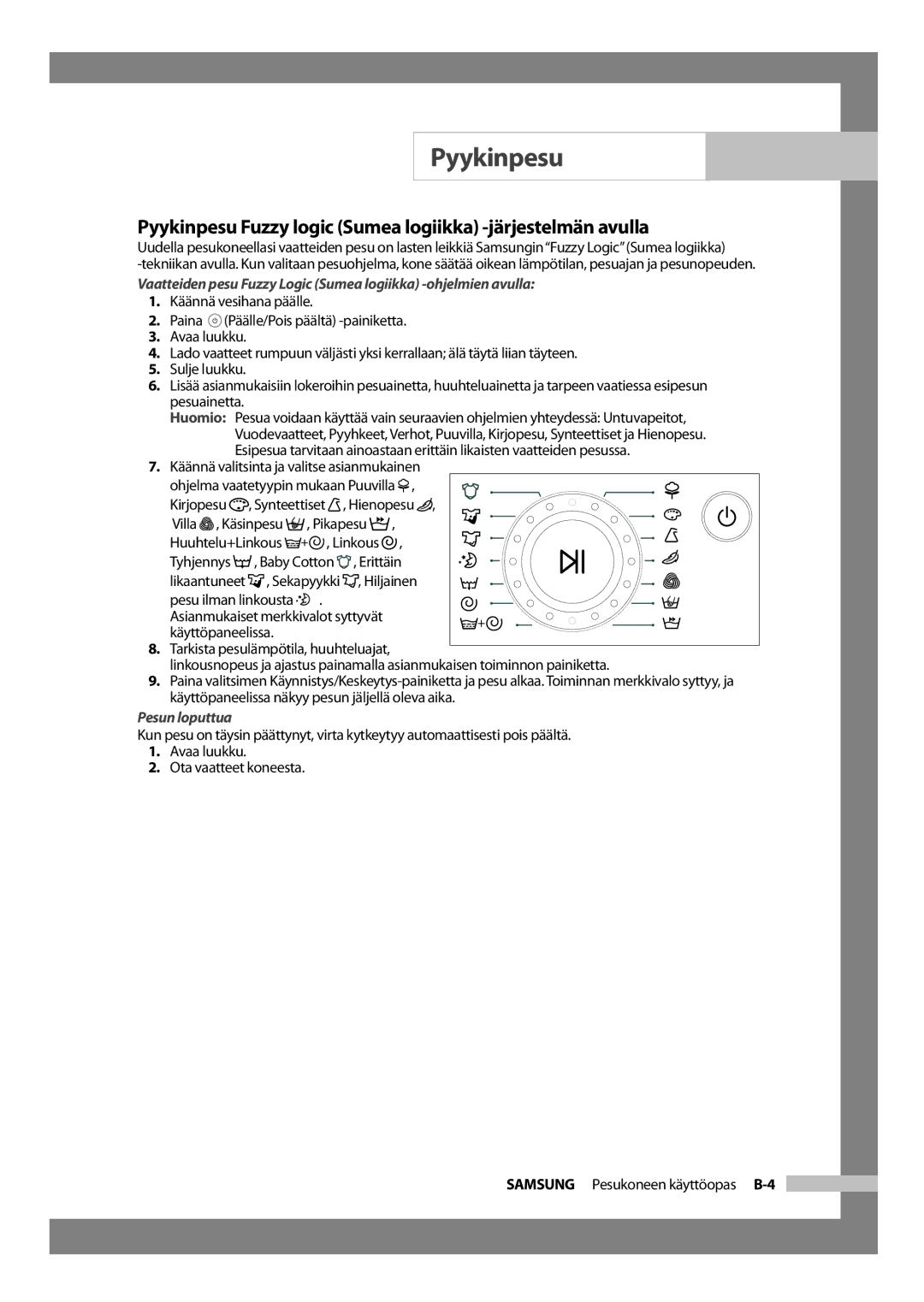 Samsung WF-B1256V/XEE manual Pyykinpesu Fuzzy logic Sumea logiikka -järjestelmän avulla, Pesun loputtua 