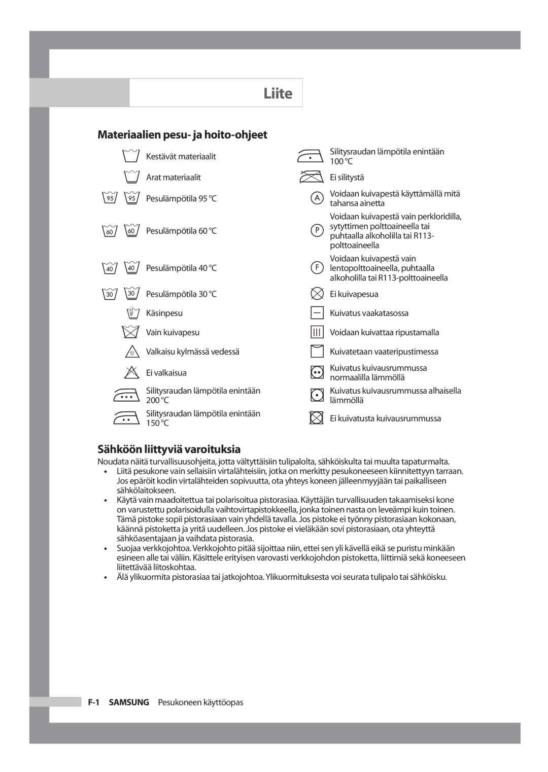 Samsung WF-B1256V/XEE manual Liite, Materiaalien pesu- ja hoito-ohjeet, Sähköön liittyviä varoituksia 