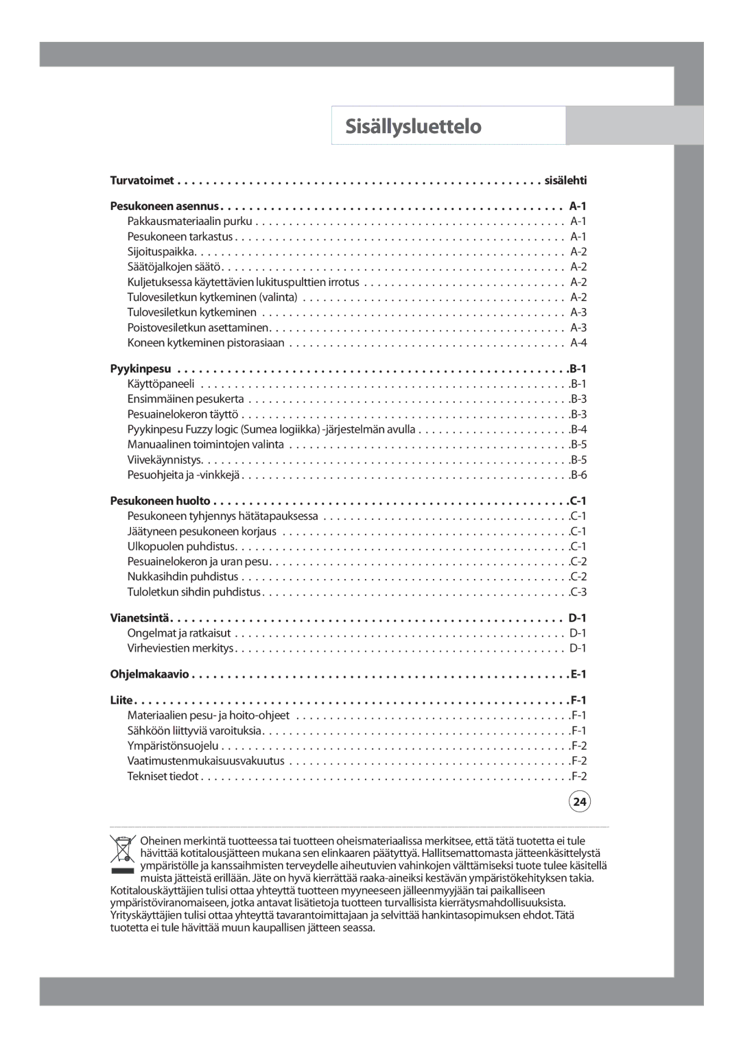 Samsung WF-B1256V/XEE manual Sisällysluettelo, Vaatimustenmukaisuusvakuutus 