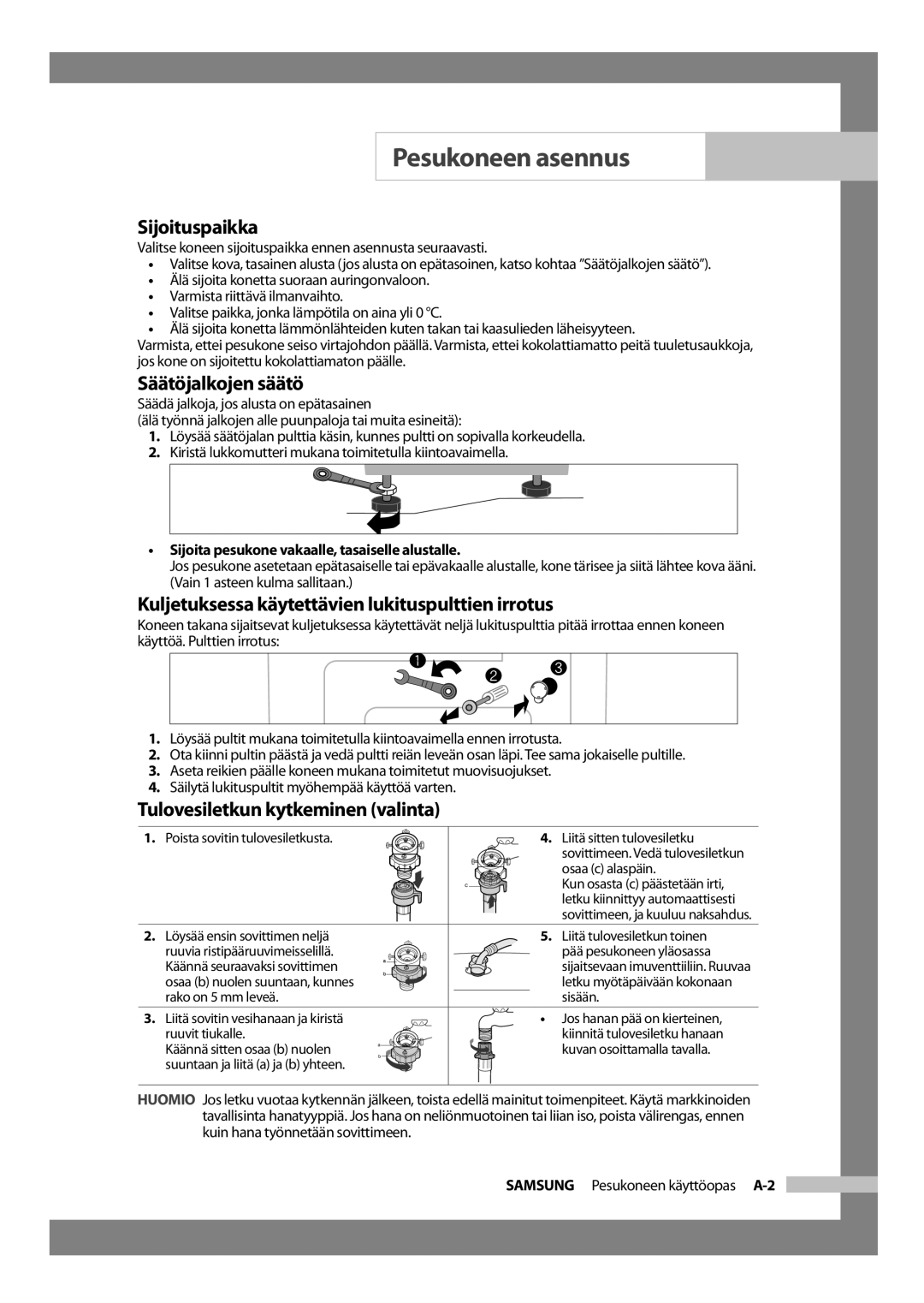 Samsung WF-B1256V/XEE manual Sijoituspaikka, Säätöjalkojen säätö, Kuljetuksessa käytettävien lukituspulttien irrotus 