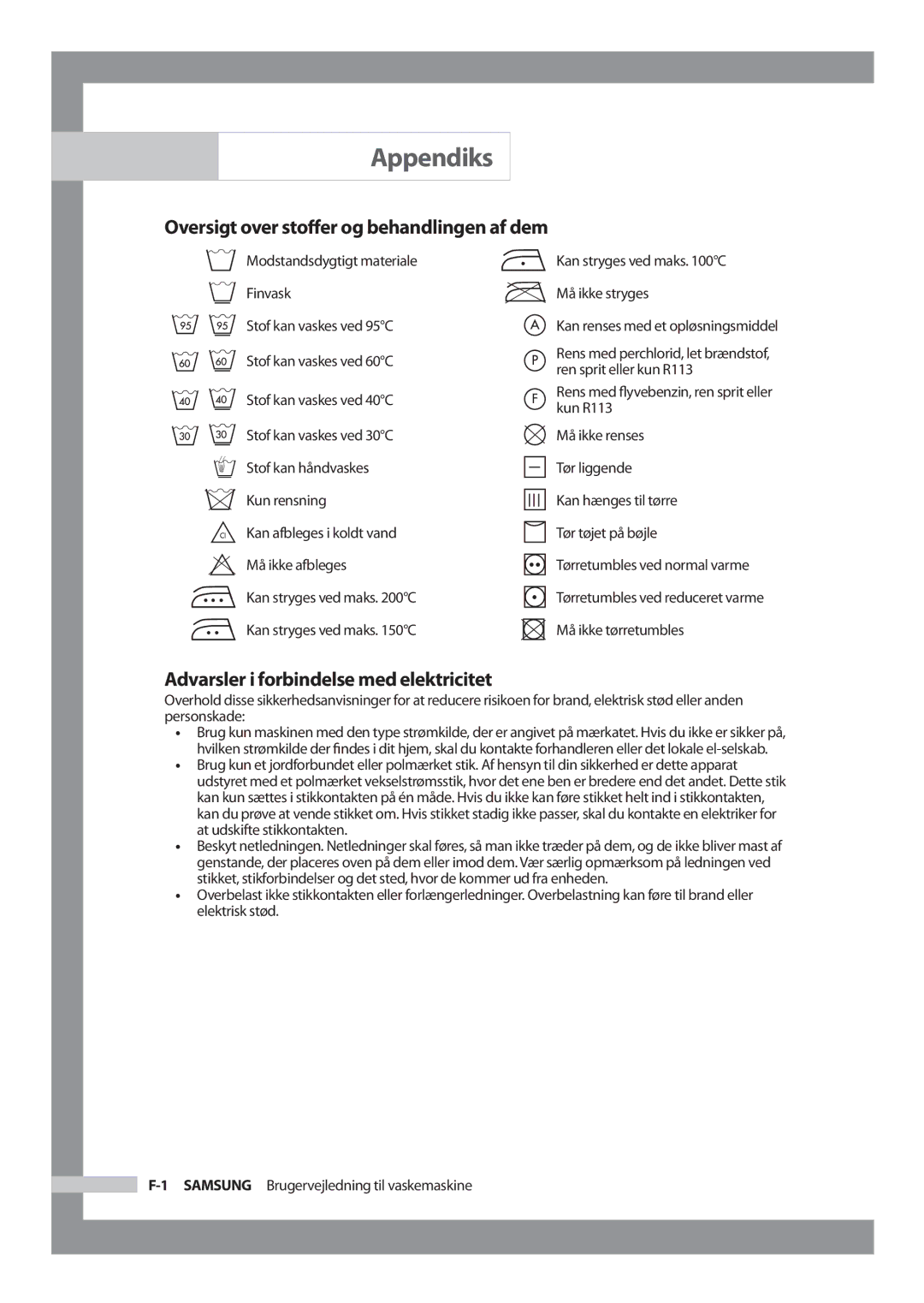 Samsung WF-B1256V/XEE Appendiks, Oversigt over stoﬀer og behandlingen af dem, Advarsler i forbindelse med elektricitet 