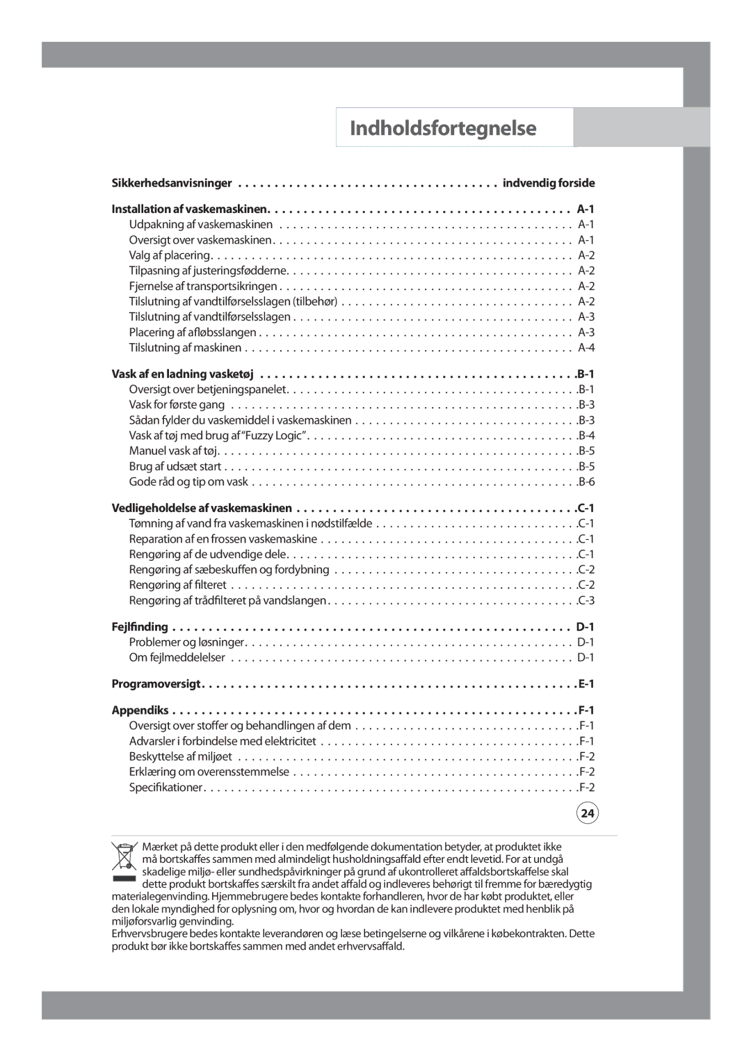 Samsung WF-B1256V/XEE manual Indholdsfortegnelse, Fejlﬁnding 