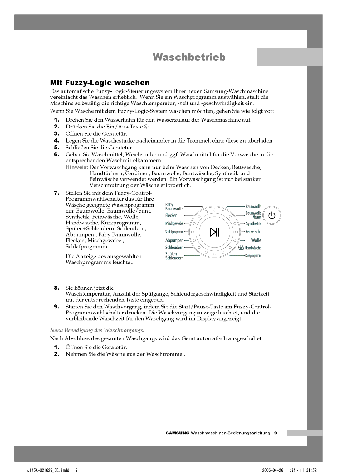 Samsung WF-B145AV/XEG, WF-B125AV/XEG manual Mit Fuzzy-Logic waschen, Nach Beendigung des Waschvorgangs 