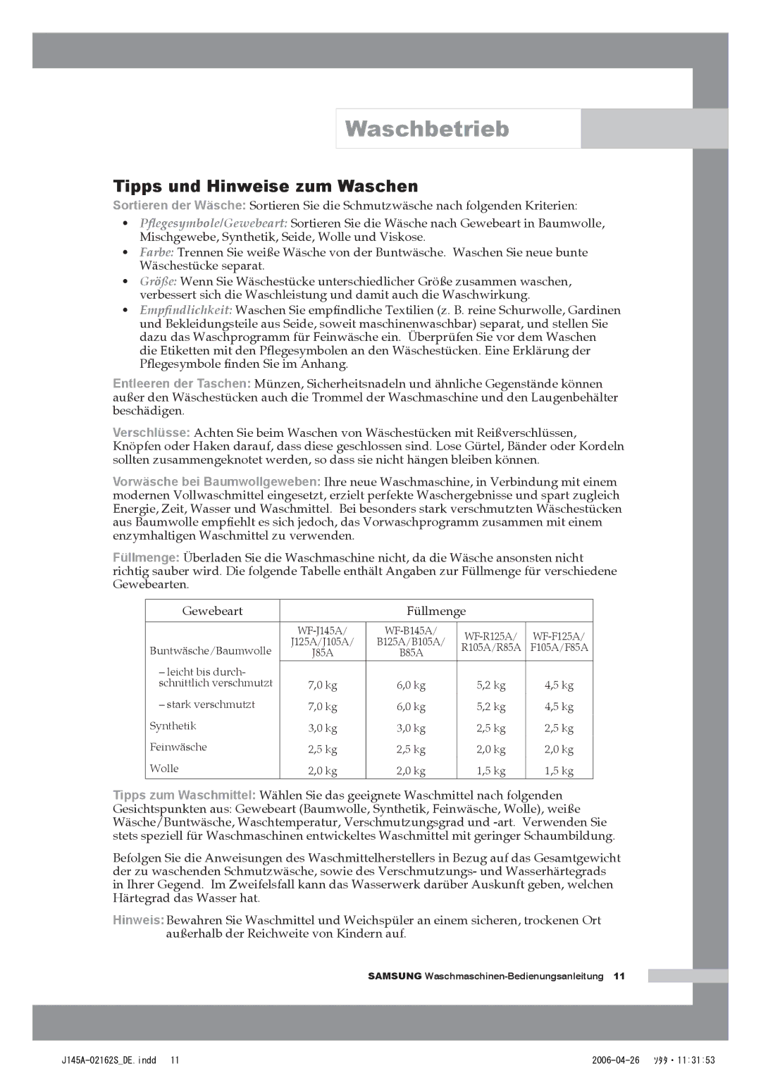 Samsung WF-B145AV/XEG, WF-B125AV/XEG manual Tipps und Hinweise zum Waschen 