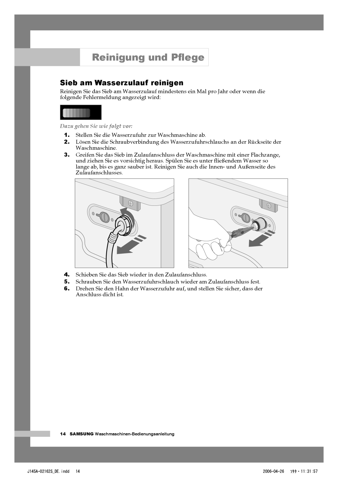 Samsung WF-B125AV/XEG, WF-B145AV/XEG manual Sieb am Wasserzulauf reinigen 