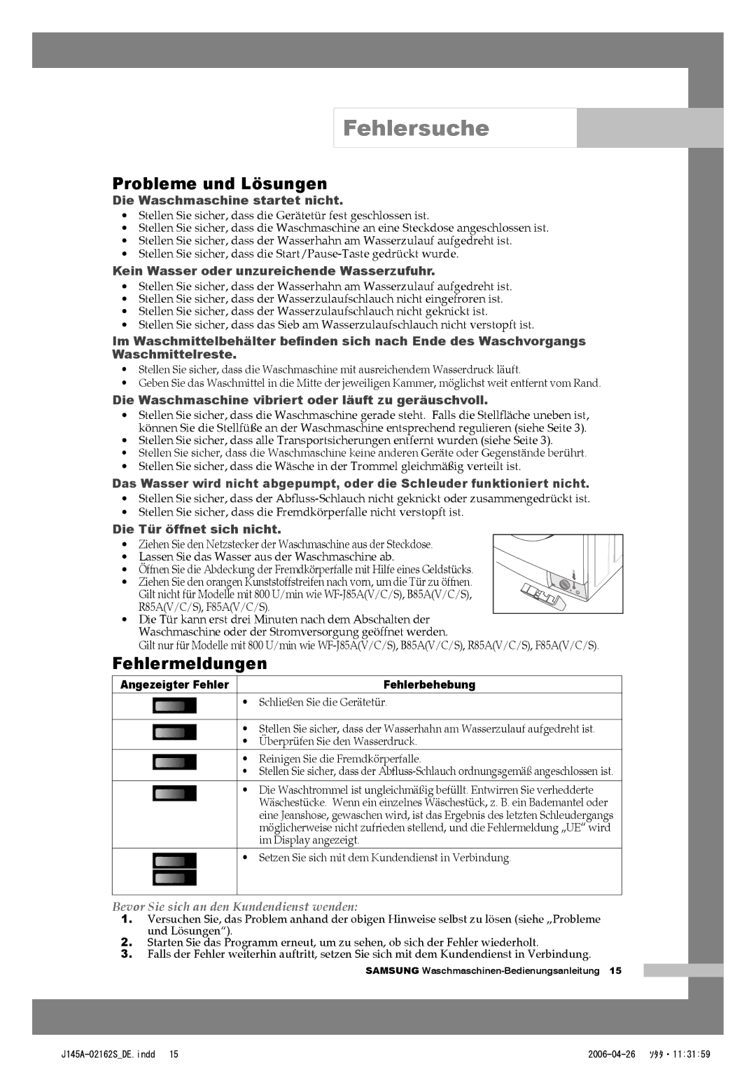 Samsung WF-B145AV/XEG, WF-B125AV/XEG manual Fehlersuche, Probleme und Lösungen, Fehlermeldungen 