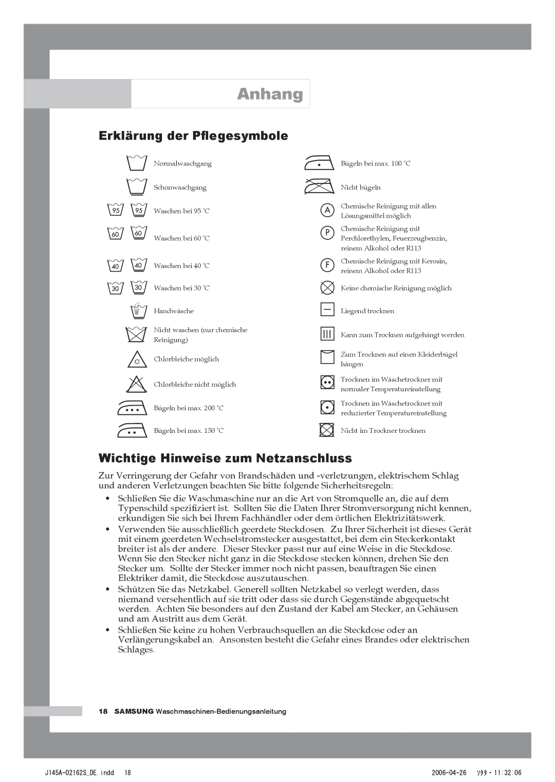 Samsung WF-B125AV/XEG, WF-B145AV/XEG manual Anhang, Erklärung der Pﬂegesymbole, Wichtige Hinweise zum Netzanschluss 