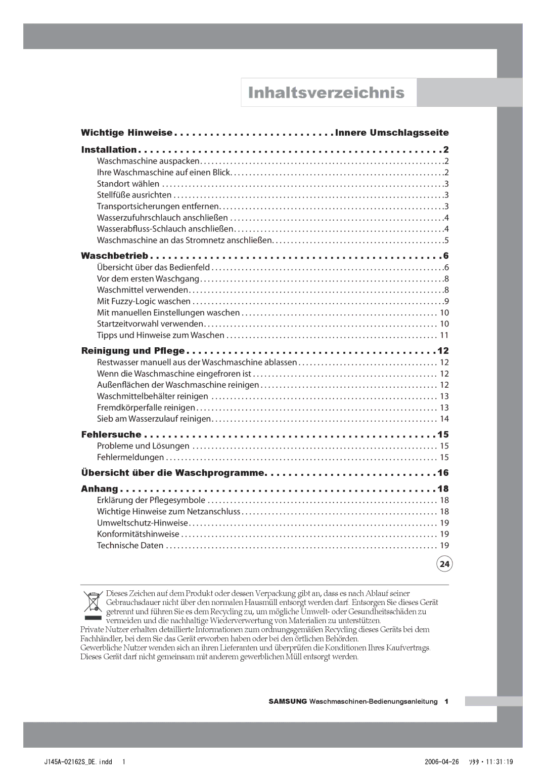 Samsung WF-B145AV/XEG, WF-B125AV/XEG manual Inhaltsverzeichnis, Übersicht über die Waschprogramme Anhang 