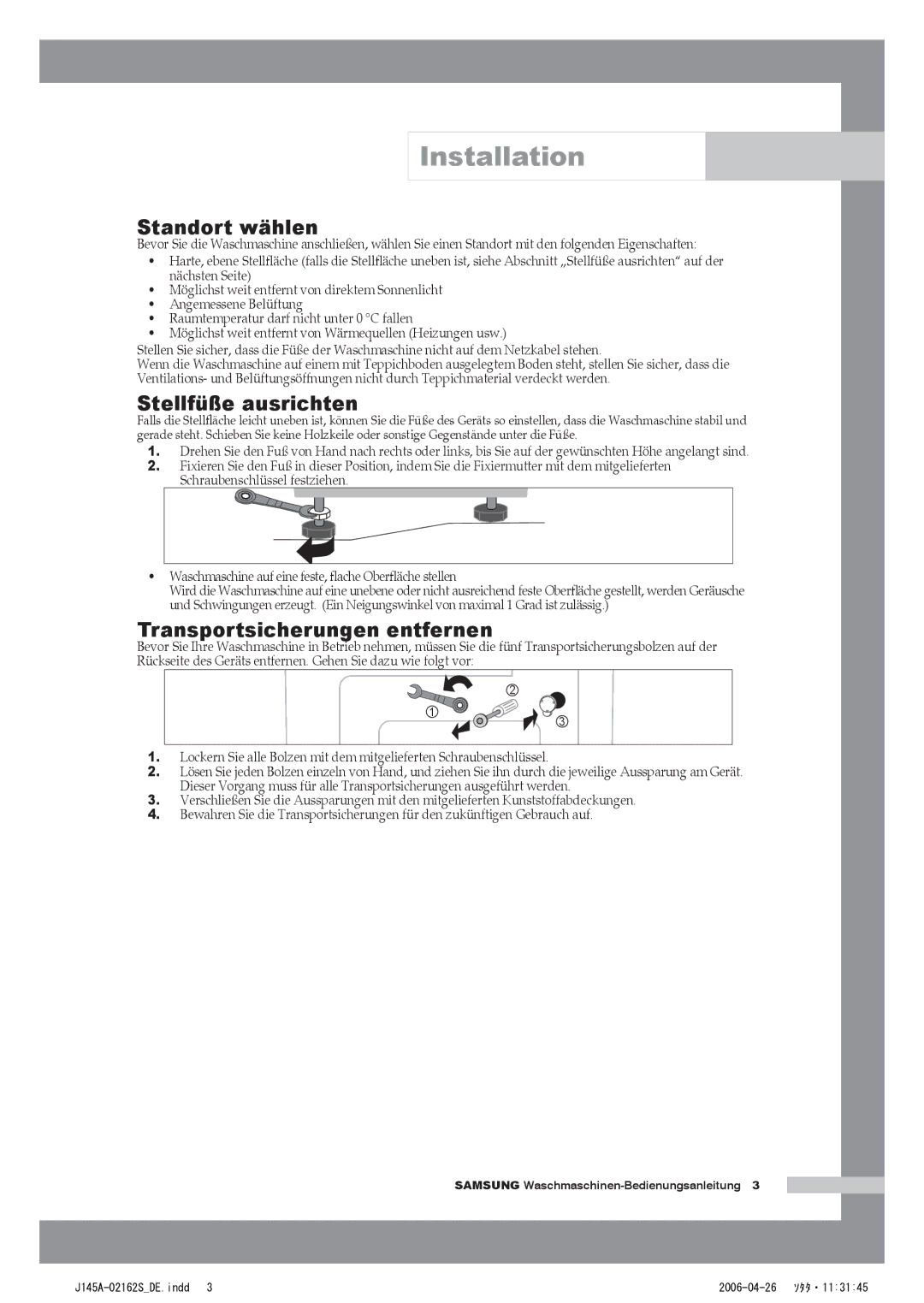 Samsung WF-B145AV/XEG, WF-B125AV/XEG manual Standort wählen, Stellfüße ausrichten, Transportsicherungen entfernen 