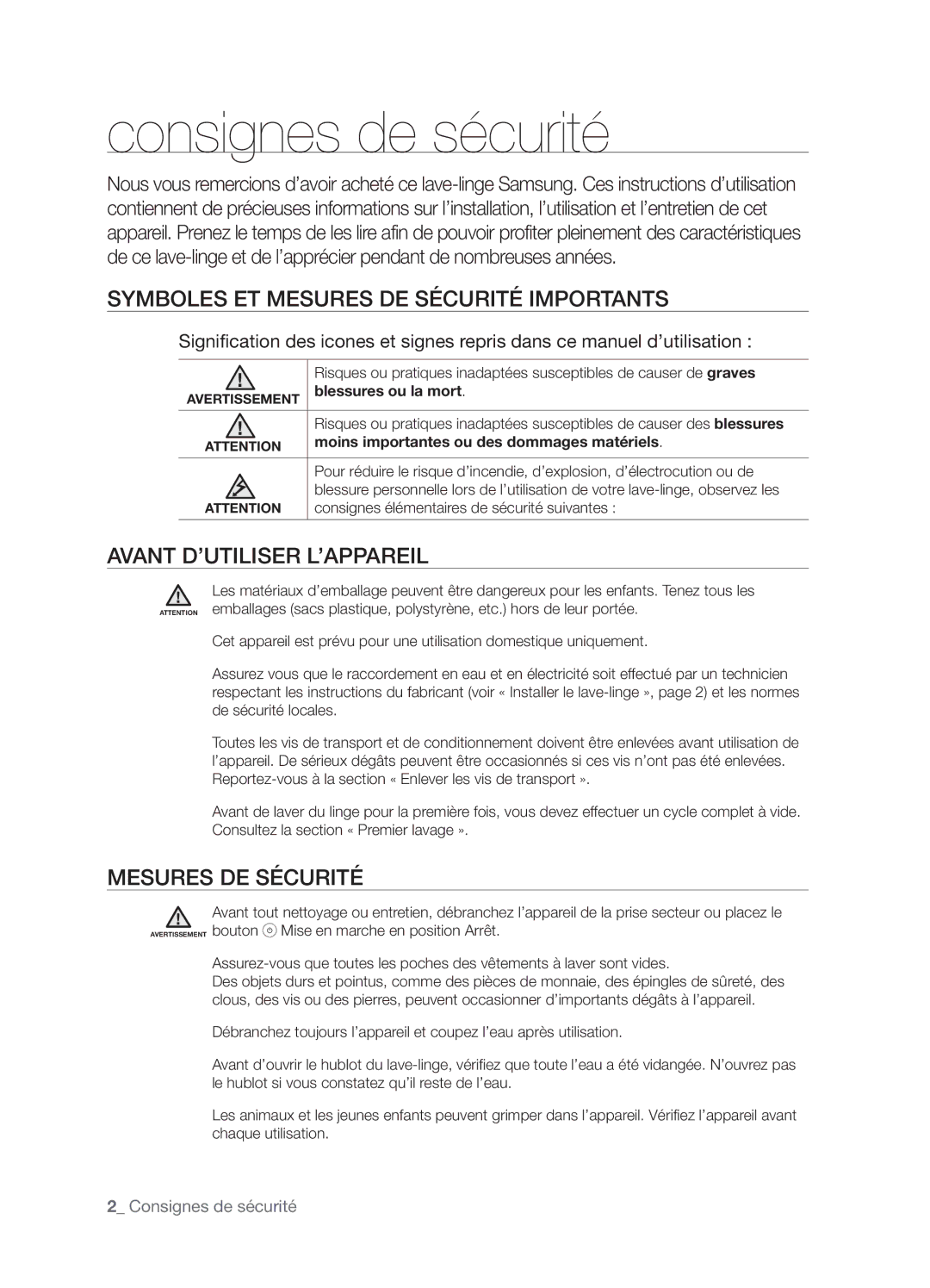 Samsung WF-B1261GS/XEF Consignes de sécurité, Symboles ET Mesures DE Sécurité Importants, Avant D’UTILISER L’APPAREIL 