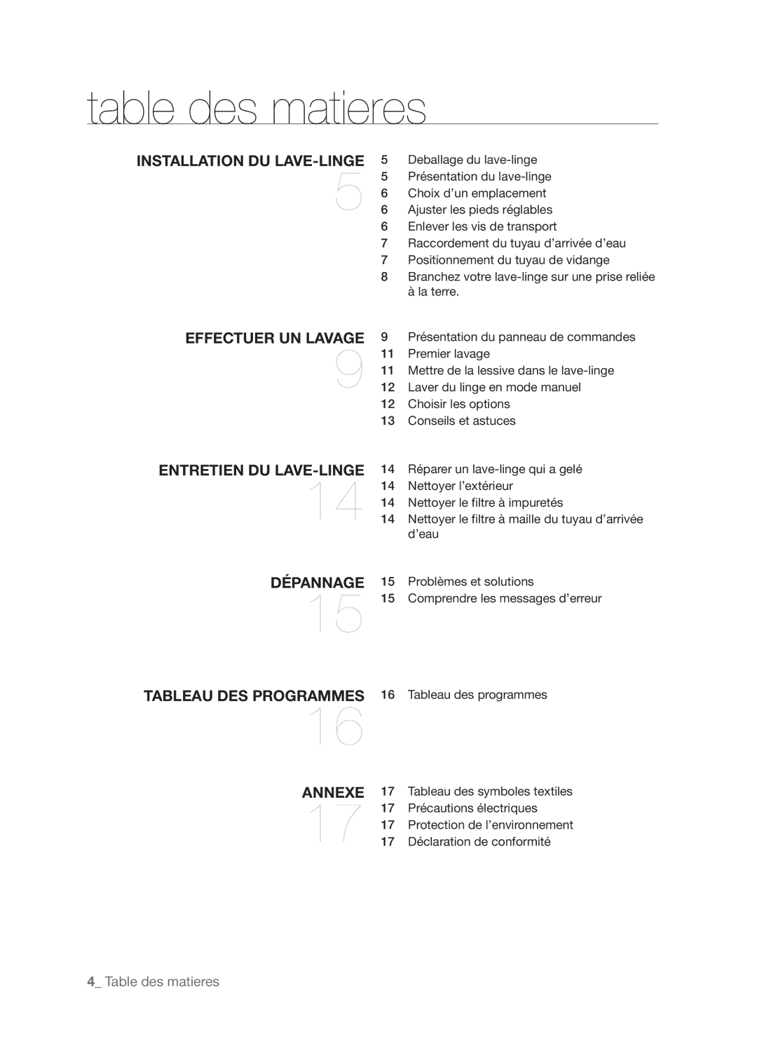 Samsung WF-B1261GS/XEF manual Table des matieres, Installation DU LAVE-LINGE 