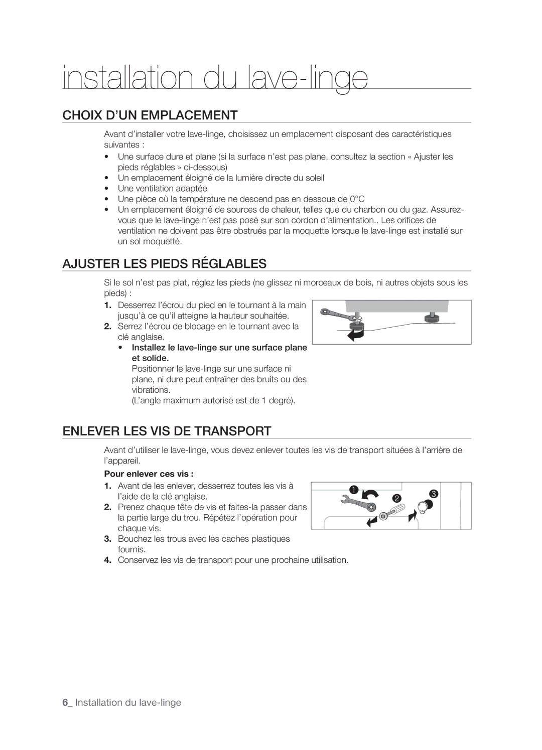 Samsung WF-B1261GS/XEF manual Choix D’UN Emplacement, Ajuster LES Pieds Réglables, Enlever LES VIS DE Transport 