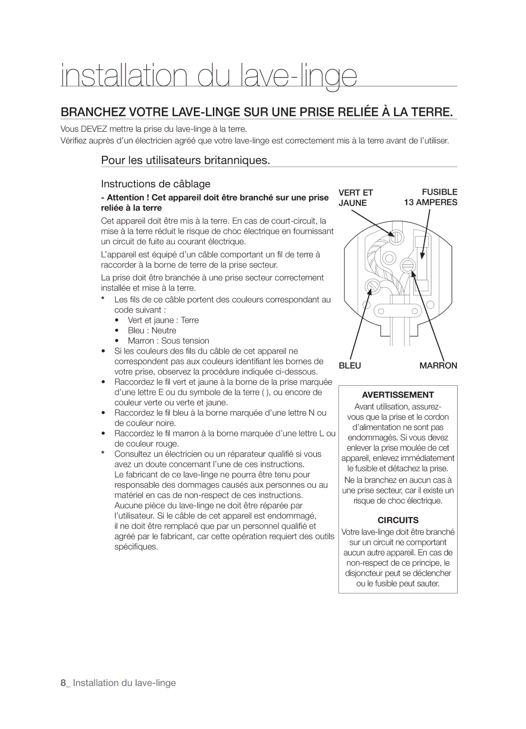 Samsung WF-B1261GS/XEF manual Branchez Votre LAVE-LINGE SUR UNE Prise Reliée À LA Terre, Pour les utilisateurs britanniques 