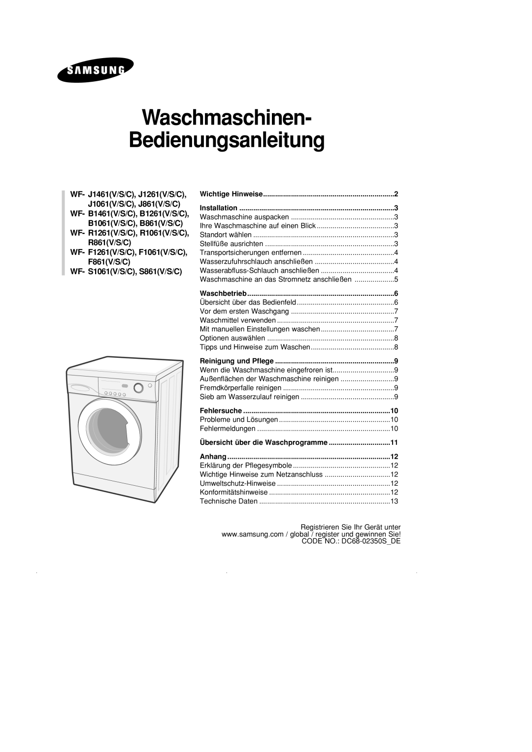 Samsung WF-B1261/XAG manual Waschmaschinen Bedienungsanleitung 