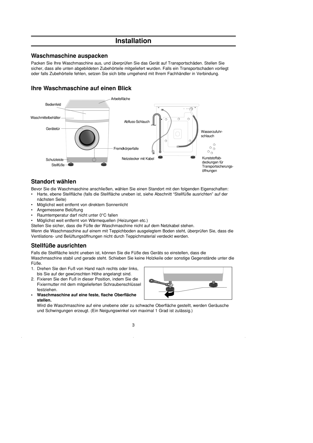 Samsung WF-B1261/XAG manual Installation, Waschmaschine auspacken, Ihre Waschmaschine auf einen Blick, Standort wählen 