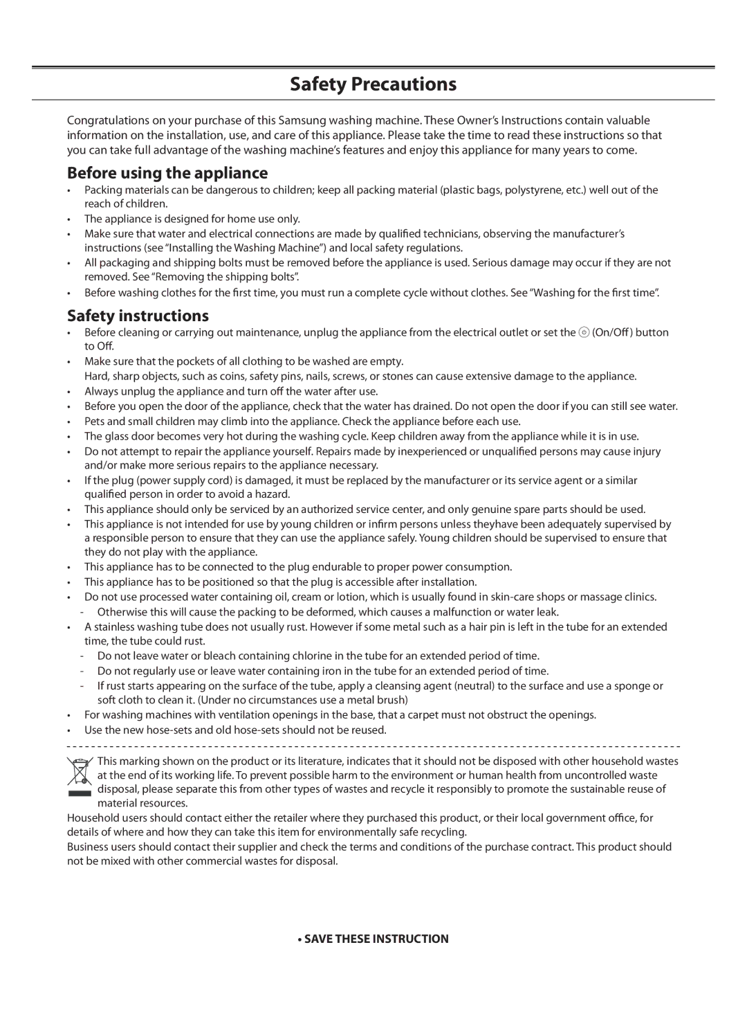 Samsung WF-B1261/XAG manual Safety Precautions, Before using the appliance, Safety instructions 