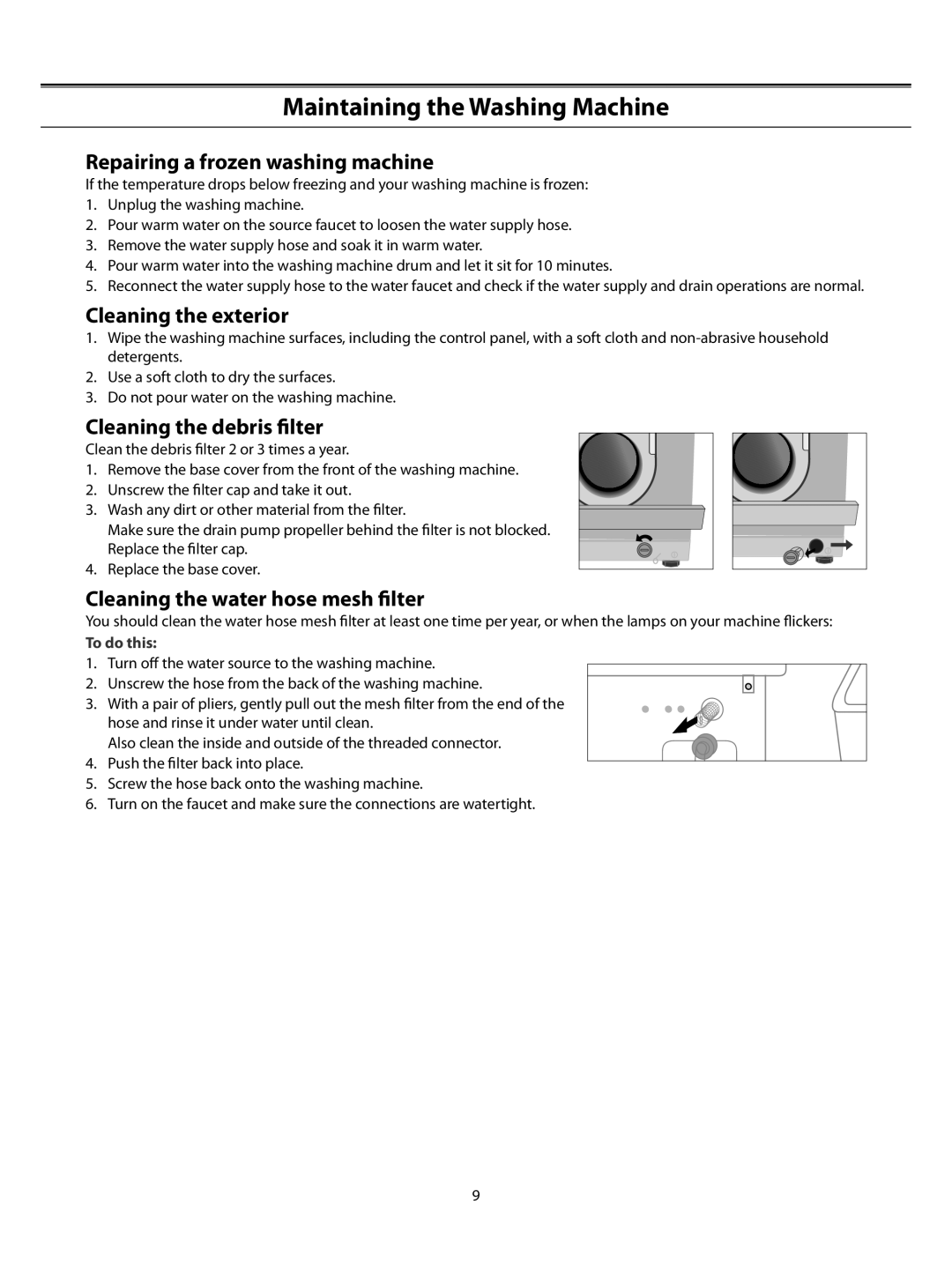 Samsung WF-B1261/XAG manual Maintaining the Washing Machine, Repairing a frozen washing machine, Cleaning the exterior 