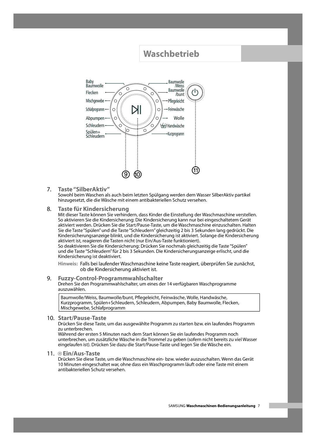 Samsung WF-B146NV/XEG, WF-B126NV/XEG manual Taste SilberAktiv 