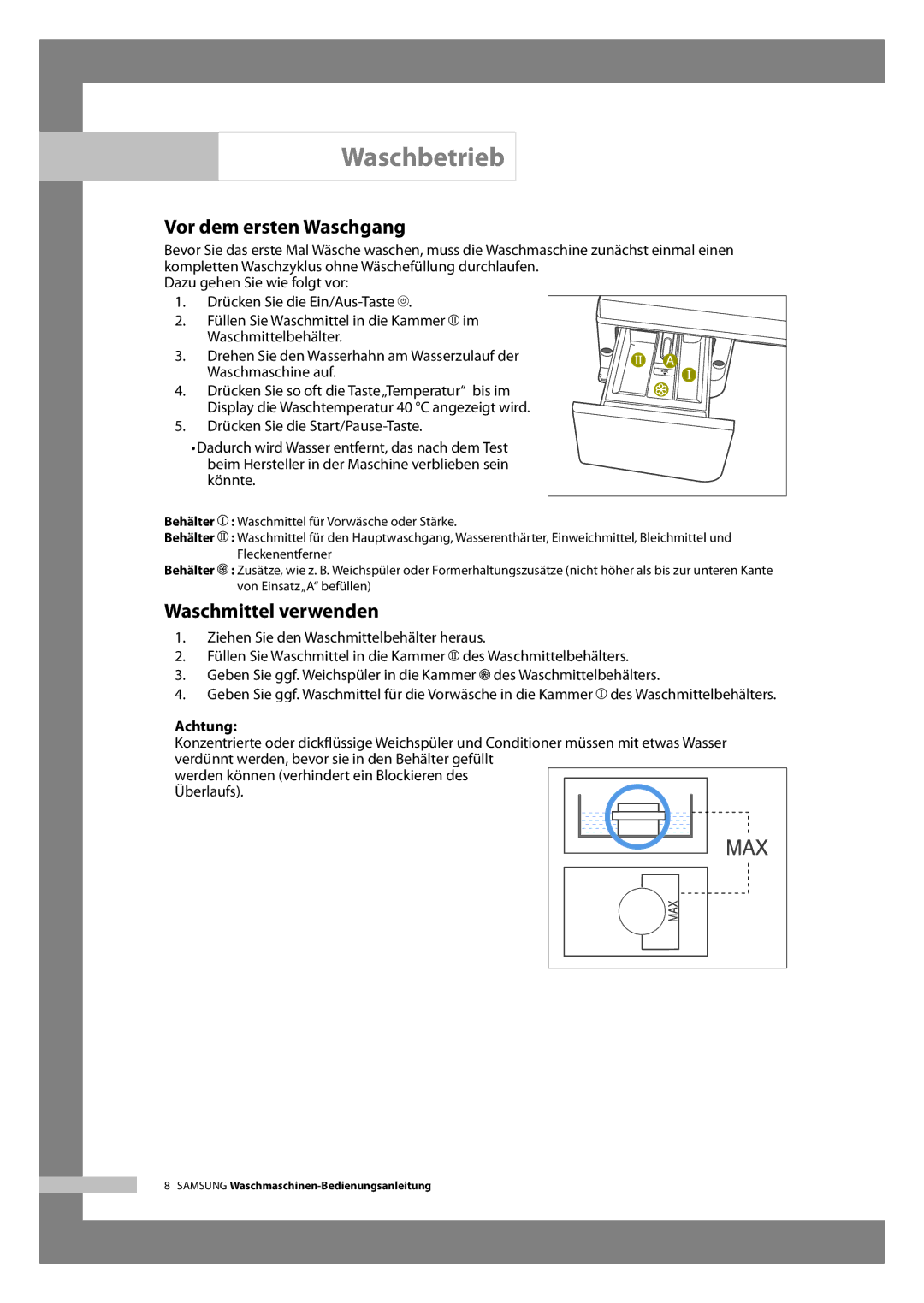 Samsung WF-B126NV/XEG, WF-B146NV/XEG manual Vor dem ersten Waschgang, Waschmittel verwenden 