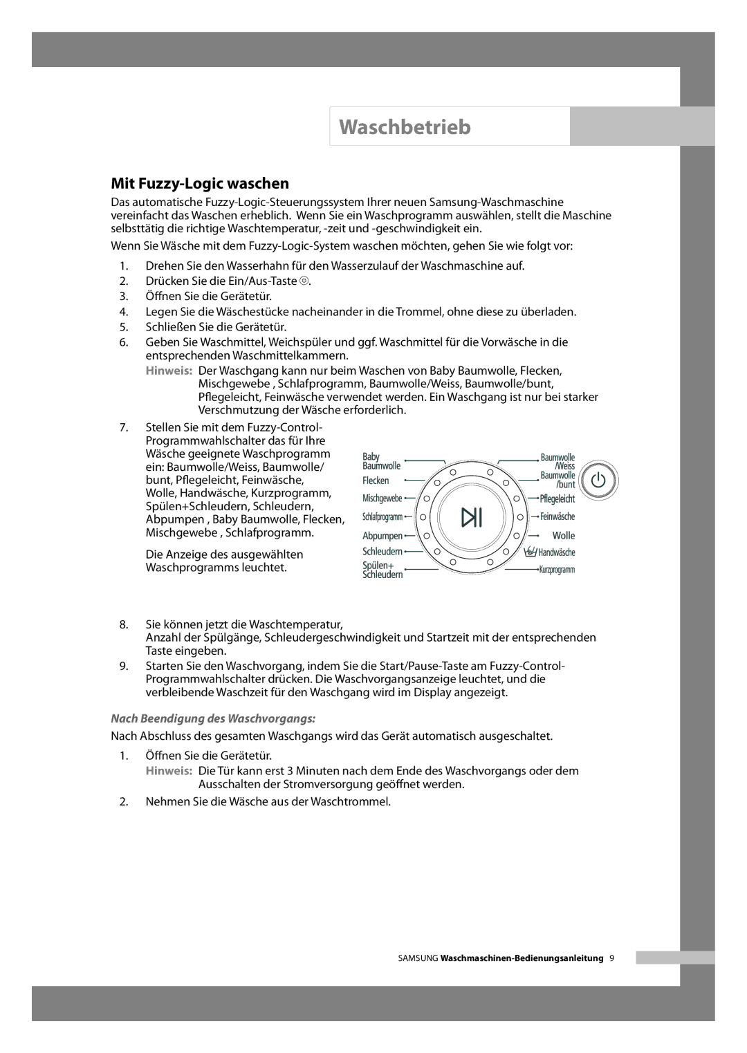 Samsung WF-B146NV/XEG, WF-B126NV/XEG manual Mit Fuzzy-Logic waschen, Nach Beendigung des Waschvorgangs 