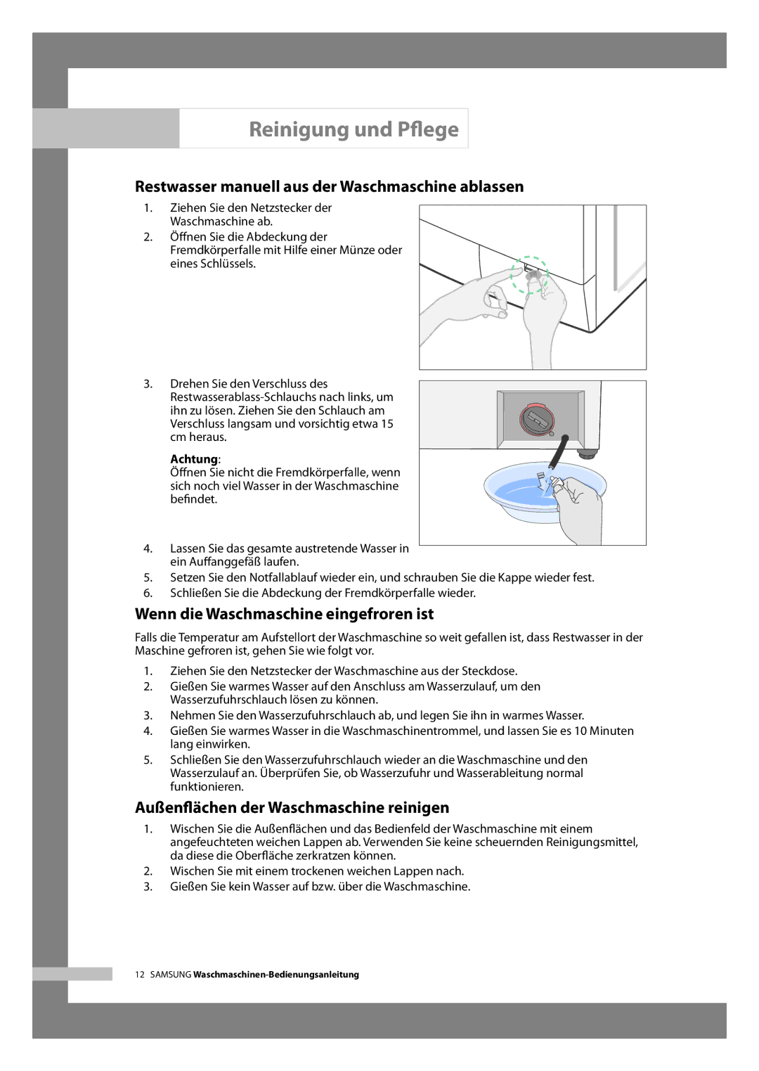 Samsung WF-B126NV/XEG, WF-B146NV/XEG manual Reinigung und Pﬂege, Restwasser manuell aus der Waschmaschine ablassen 