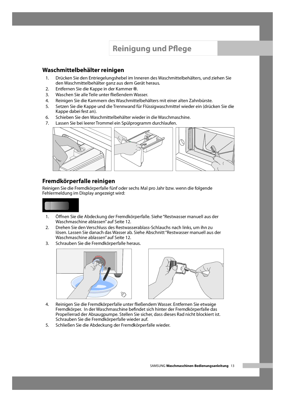 Samsung WF-B146NV/XEG, WF-B126NV/XEG manual Waschmittelbehälter reinigen, Fremdkörperfalle reinigen 