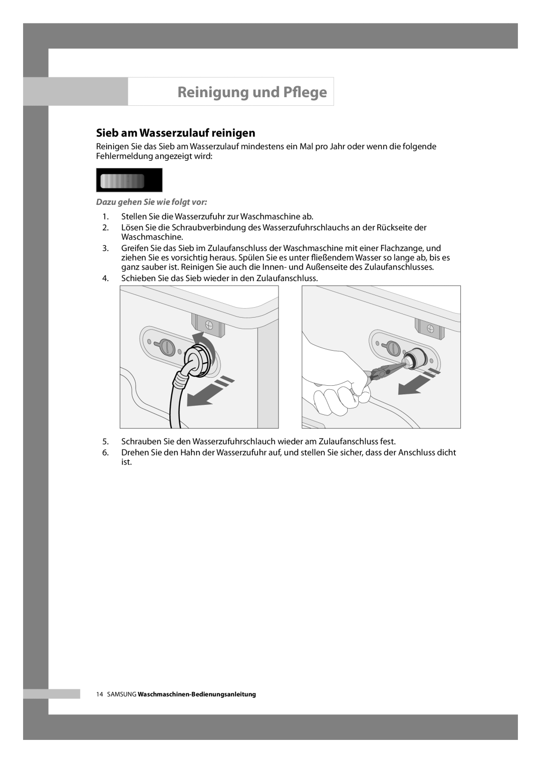 Samsung WF-B126NV/XEG, WF-B146NV/XEG manual Sieb am Wasserzulauf reinigen 