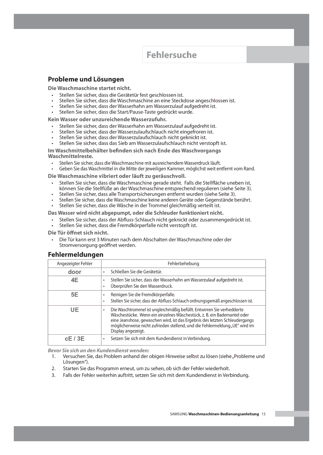 Samsung WF-B146NV/XEG, WF-B126NV/XEG manual Fehlersuche, Probleme und Lösungen, Fehlermeldungen 